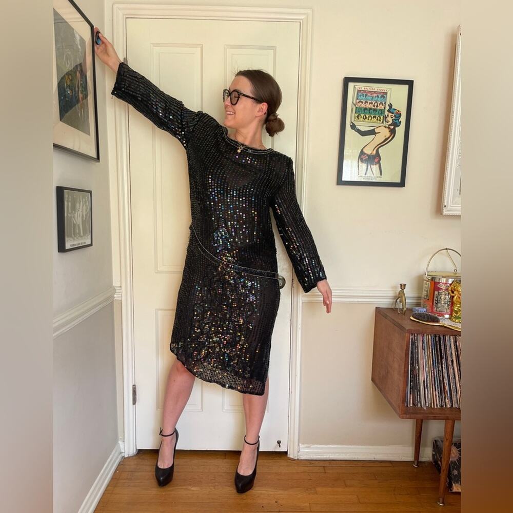 80s Deco Sequined Drop Waist Dress